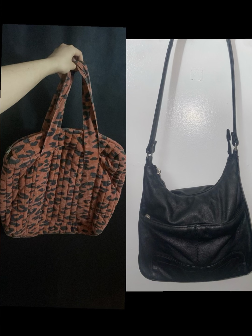 Vintage Black Leather Shoulder Bag & Leopard Print Tote – Y2K Style